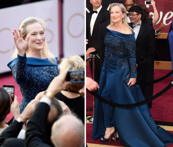 Meryl Streep - Elie Saab: linda! Decote ombro a ombro, tecido pesado que não marca e bordados. O azul marinho ficou lindo nela.